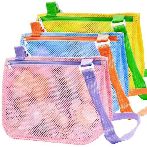 Beach Toy Mesh Beach Bag, 3Pcs Seashell Collecting Bags with Adjustable Shoulder Straps, Sand Toys for Kids Shell Bags for Picking Up Shells