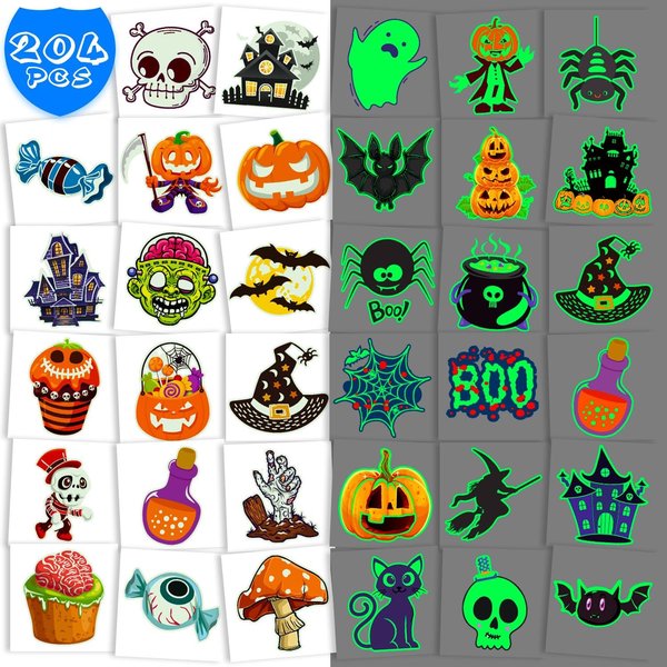 OLIKER Halloween Tattoos for Kids, Individually Wrapped Glow In the Dark Kids Tattoos Luminous Halloween Temporary Tattoos Stickers Party Decorations Supplies