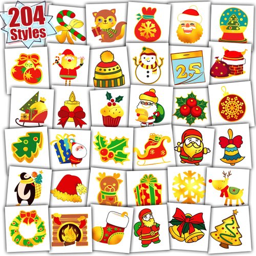 Partywind Metallic Glitter Christmas Tattoos Party Supplies, 204 Styles Fake Tattoo Stickers for Kids Stocking Stuffers Goodie Bag Stuffers, Christmas Holiday Party Decorations Games
