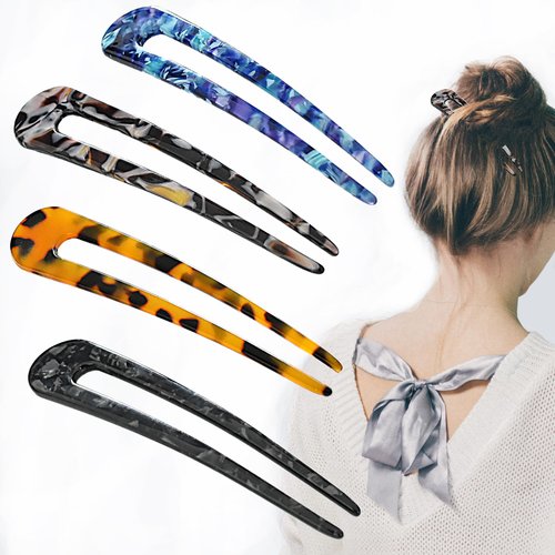 Borsun 4 Pack U Shaped Hair Pins for Buns, French Pin Hair Fork Sticks for Long Hair, 2 Prong Hair Stick for Women and Girls(Dark Colors)