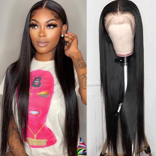 Lezaxiu 30 Inch Black Hair Lace Front Wigs Pre-Plucked Long Straight Hair Glueless HD Lace Wigs with Baby Hair Heat Resistant Fiber Hair Synthetic Lace Front Wig for Black Women