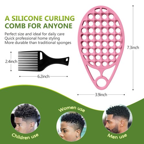 KOUPA Silicone Curly Hair Brush with Pick Comb, One Piece Twist Curl Comb for Afro Curls, Washable Hair Tool for Men Women, Pink