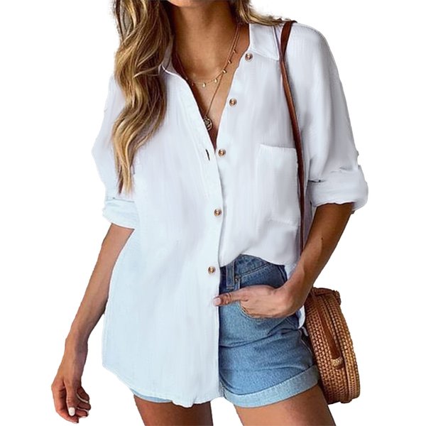 HOTOUCH Womens White Button Down Shirt Casual Long Sleeve Loose Fit Cotton Work Linen Blouse Tops with Pocket White M