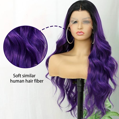 FUGADY Purple Body Wavy Wig Lace Front Wig Dark Root Purple Synthetic Lace Front Curly Wigs for Black Women Pre Plucked with Baby Hair Heat Resistant Synthetic Wigs Daily Party Cosplay Use (Synthetic| 13 * 4|24Inches)