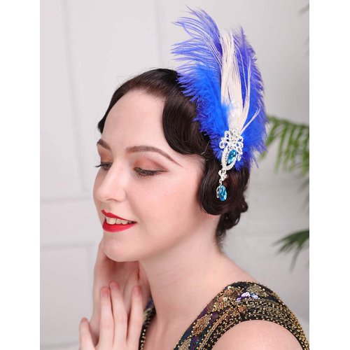 Aimimier 1920s Flapper Feather Hair Clip Blue Crystal Teardrop Feather Headpiece Prom Party Roaring 20s Hair Jewelry for Women and Girls (Style 2)