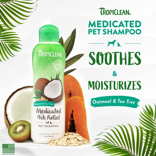 TropiClean Medicated Dog Shampoo for Allergies and Itching | Tea Tree & Oatmeal | Pet Shampoo Derived from Natural Ingredients for Sensitive Skin | Made in the USA | 20 oz.