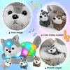 Hopearl LED Musical Stuffed Husky Lighting Up Singing Plush Toy Playset Mommy Dog with 3 Baby Puppies in her Tummy Lullaby Animated Soothe for Mom Toddler Girls, Gray, 17''