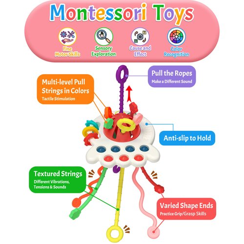Yetonamr Baby Sensory Montessori Toys for 6-12-18 Months, Pull String Silicone Teething Toy, Stocking Stuffers Birthday Gift Travel Toy for 1 2 Year Old Boy Girl Infant Toddlers 8 9 10 Months Old