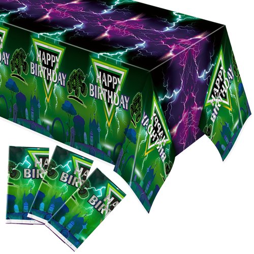 AwserTantue 3 Pack Green and Purple Monster Truck Tablecloths - Monster Truck Happy Birthday Disposable Rectangle Table Cover for Baby Shower Kids Birthday Party Dinner Table Decoration 108×54 inches
