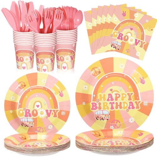 Two Groovy Birthday Party Decorations, 168 Pcs Groovy Boho Hippie Daisy Tablecloth Tableware Set 24 Guests Dinner Plates Dessert Plates Cups and Napkins for Girl Retro Rainbow Boho Party Supplies