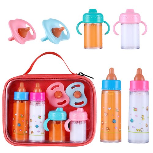 Pretendor Magic Disappearing Milk and Juice Bottle with Pacifier,6 Pieces Pretend Play Feeding Toy Set with Package, Baby Doll Accessories for Girl