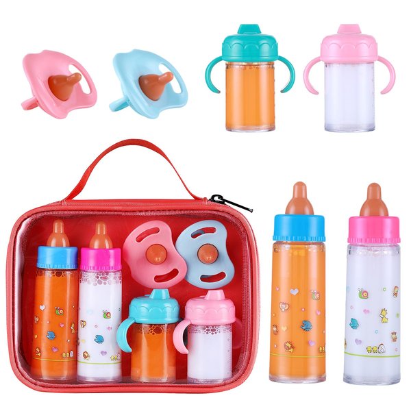 Pretendor Magic Disappearing Milk and Juice Bottle with Pacifier,6 Pieces Pretend Play Feeding Toy Set with Package, Baby Doll Accessories for Girl