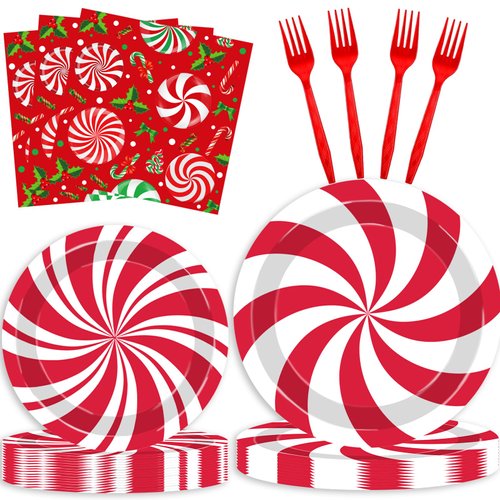Ertyjikg Christmas Peppermint Candy Paper Plates and Napkins Party Supplies Red and White Striped Peppermint Disposable Christmas Dessert Plates for Winter Holiday