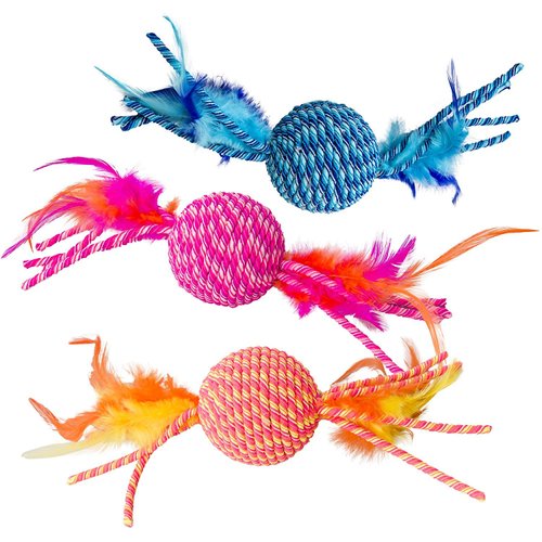 Ethical Pets Elasteeez Feathered Cat Toy Bundle: Ball, Roller, and Mouse in Assorted Colors