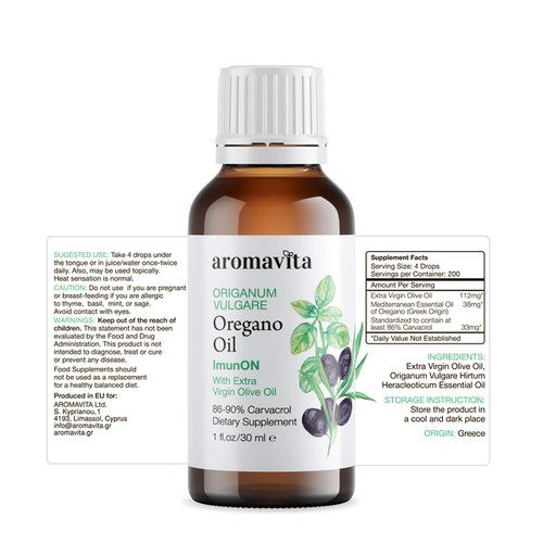 AROMAVITA ImunON Greek Oregano Oil - 86-90% Carvacrol - Extra Strength, Antioxidant, Immune and Digestive Support - Plant-Based, Herbal Supplement - Vegan, Non GMO, Gluten Free, 1fl. oz/30ml