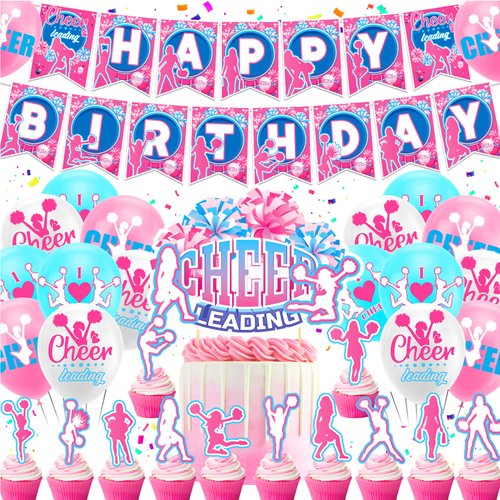 Cheerleading Birthday Party Decorations Cheerleader Birthday Party Supplies Includes Cheerleading Birthday Banner Cake Cupcake Toppers Balloons for Cheerleading Birthday Party, Gymnastics Party