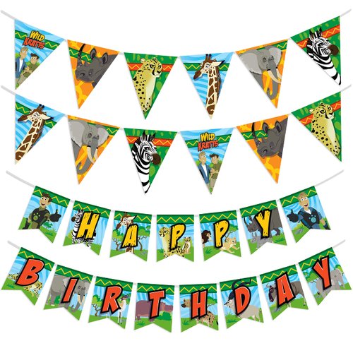 Treasures Gifted Officially Licensed Wild Kratts Birthday Party Supplies - Set of 3 Wild Kratts Birthday Banners - 1 Happy Birthday Banner & 2 Triangle Birthday Pennants - Wild Kratts Room Decorations