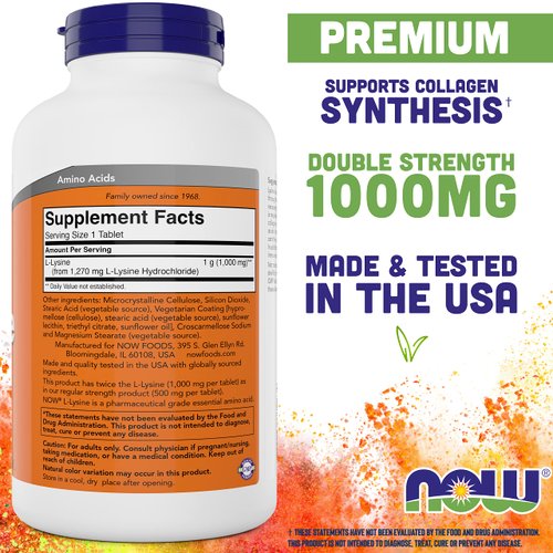 Now Foods L-Lysine 1000mg - Double Strength - 300 Tablets - Non-GMO Amino Acid Supplement (Llysine Hydrochloride)- 1000 mg Tabs - Vegan/Vegetarian