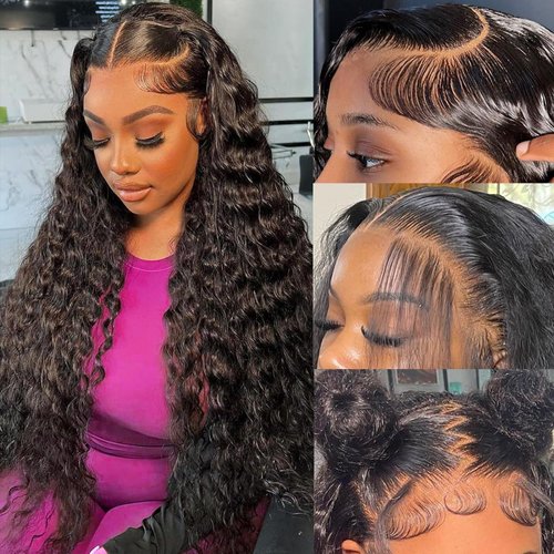 Amzluck Deep Wave Lace Front Wigs Human Hair 13x4 HD Lace Front Wigs Human Hair Pre Plucked 180 Density Deep Curly Lace Frontal Glueless Wigs Human Hair for Women Natural Black 26 Inch