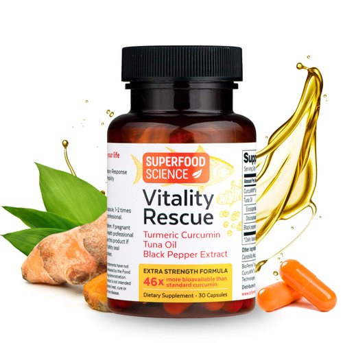 Superfood Science Vitality Rescue, Turmeric Curcumin and Omega 3 Fish Oil Supplement with Tuna Oil & Black Pepper Extract for Joint and Muscle Mobility, 46X Better Absorption, Extra Strength, 30 Caps