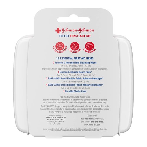 J&J Red Cross First Aid To Go Mini Portable Emergency Wound Care Travel Kit with Adhesive Bandages, Gauze Pads & Wipes for Purse, Backpack, Gym Bag, Car or Luggage, 12 Count