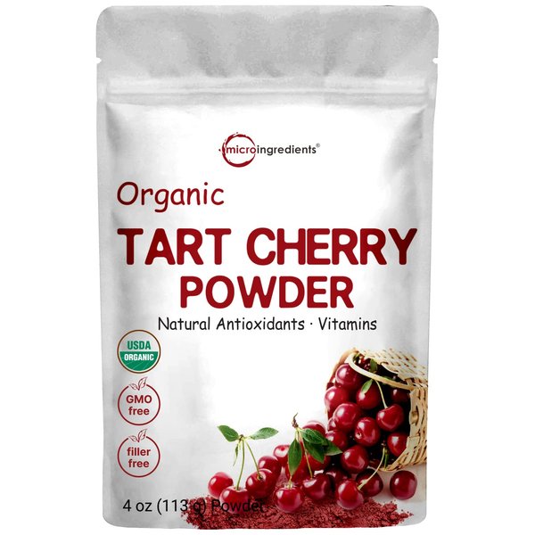 Organic Tart Cherry Powder, 4oz | 100% Natural Fruit Powder | US Grown Tart Cherries Source | No Sugar & Additives | Great Flavor for Drinks, Smoothie, & Beverages | Non-GMO & Vegan Friendly