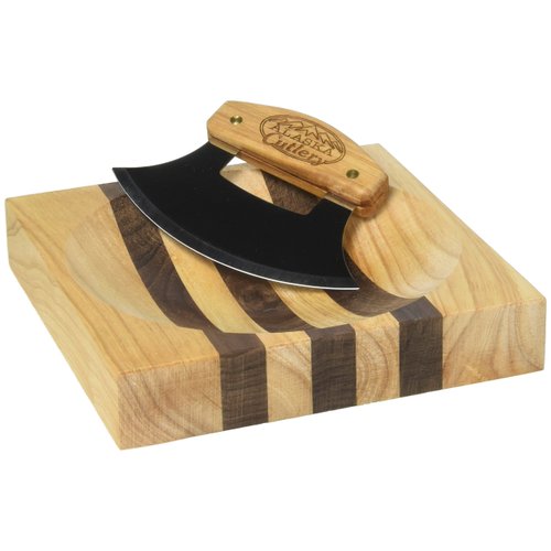 Alaska Ulu Knife Set Curved Knife with Wood Handle plus Chopping Board Mezzaluna Made in Alaska USA Ulu Factory