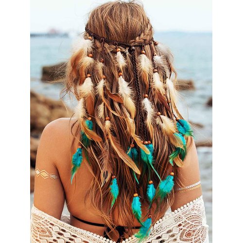 GORTIN Boho Feather Headband Hippie Headpiece Black Gypsy Costume Headdress Bohemian Headbands Indian Festival Feather Headwear Hair Accessory for Women and Girls (A-Blue+Brown)