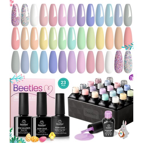 Beetles 23Pcs Pastel Gel Nail Polish Kit with 3Pcs Glossy & Matte Top Coat and Base Coat, Spring Paradise Pink Blue Girl Bright Solid Sparkle Glitters Uv Easter Gel Polish Easter in Dreamland