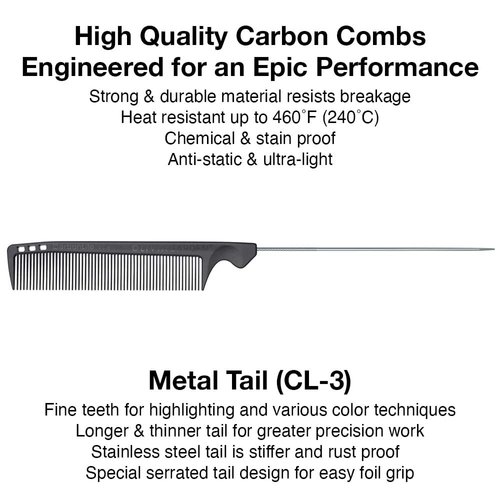 Olivia Garden CarbonLite Metal Tail Comb made of strong carbon, ultra-light, hight heat resistant, durable and anti-static