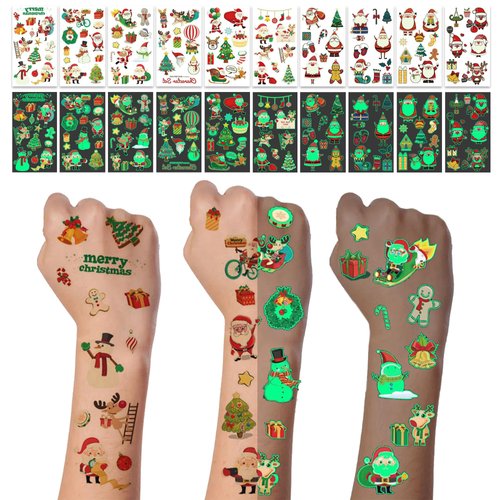 10 Sheets Luminous Christmas Temporary Tattoos for Kids, Glow in the Dark Xmas Fake Tattoo Stickers for Boys and Girls, Christmas Party Gift Favors, Stocking Stuffers, Holiday Decors