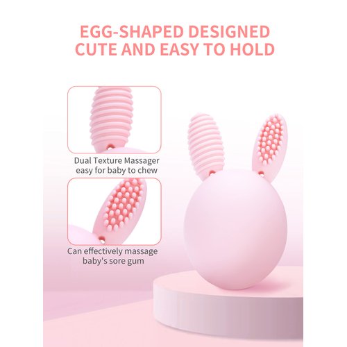 Bunny Eggy Teether Baby Teething Toy Rabbit Egg Rattle Toy Teething Pain Relief for Babies Boys Girls - Pink