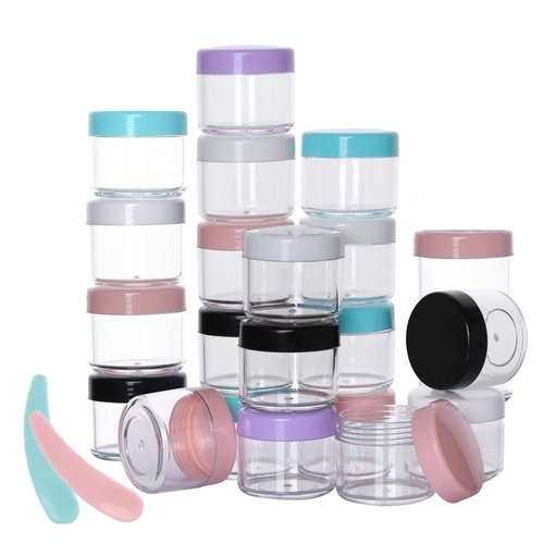 100 Count Sample Jars 20g Plastic Sample Container with Lids and 10 Pieces Cosmetic Spatula Empty Cream Jars Leak Proof Toiletry Containers for Traveling Multi Colored