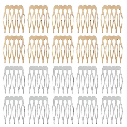 Qoaimu 20 Pack Hair Side Combs, 5 Teeth Small Metal Combs, Plain Blank Crafting DIY Slide Combs, Bridal Wedding Veil Combs for Fine Hair, Silver and Gold