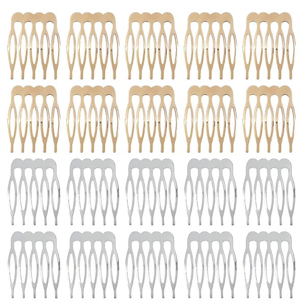 Qoaimu 20 Pack Hair Side Combs, 5 Teeth Small Metal Combs, Plain Blank Crafting DIY Slide Combs, Bridal Wedding Veil Combs for Fine Hair, Silver and Gold