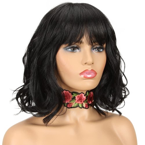 NOBLE Short Black Wig with Bangs Bob Curly Wavy Wigs with Bangs for Women Natural Black Heat Resistant Synthetic Fiber Wigs for Daily Party Cosplay Costume Wigs