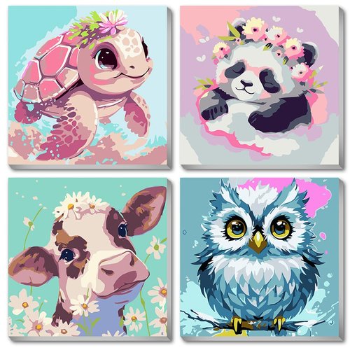 4 Pack Framed Paint by Number for Kids, Cute Animals Paint by Numbers Kit for Beginners,Easy Acrylic Watercolor Paint by Numbers Canvas Arts and Craftsfor Wall Decor Gift for Age 8-12 Kids (8x8in).