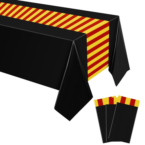 Oudain 3 Pcs Wizard Tablecloth 54 x 108 Inches Plastic Black Table Cover Red and Golden Stripe Tablecloth Disposable Magical Party Supplies for Halloween Witch Birthday Party Decoration