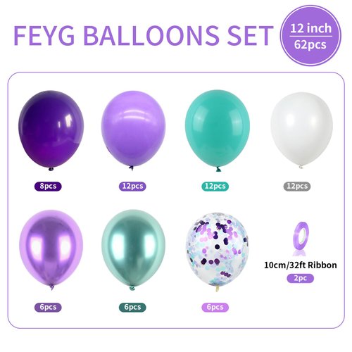 Mermaid Party Balloons, 60 Pack 12Inch Metallic Purple Green Teal Blue White Latex Balloons with Confetti Helium Balloons for Girls Mermaid Theme Birthday Party Baby Shower Wedding Party Decorations