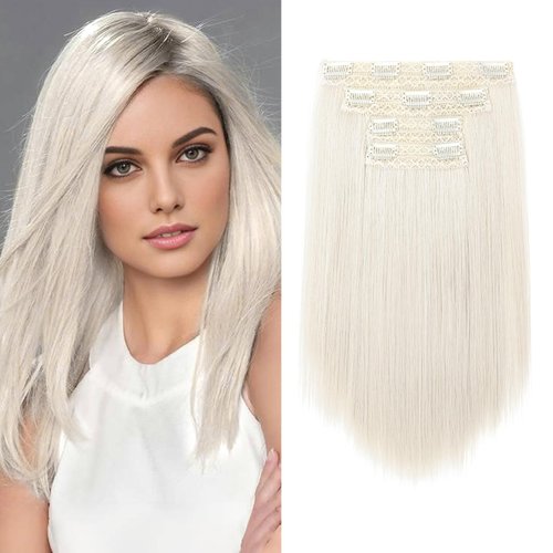NTYNTY Hair Extensions, 14" Short Clip in Hair Extensions 4PCS Straight Platinum Blonde Hair Extensions Natural Soft Synthetic Hairpiece for Women - Platinum Blonde