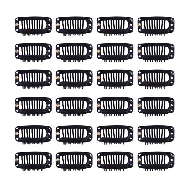 YANTAISIYU 24 pcs/lot 32mm 9-teeth Metal Wig Clips with Rubber Stopper, Invisible Hairpiece Wig Accessories Clips (Black)