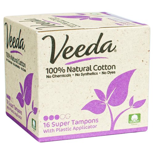 Veeda 100% Natural Cotton Compact BPA-Free Applicator Tampons Chlorine, Toxin and Pesticide Free, Super, 16 Count