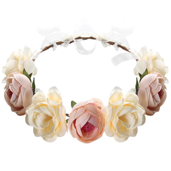 Flower Headband Rose Floral Boho Wreath Garland Hair Hoop Bohemian Headdress Headwear Headpiece Women Girls Crown Leaf Hair Bands Party Decoration Cosplay Costume Handmade Hair Accessories Champagne