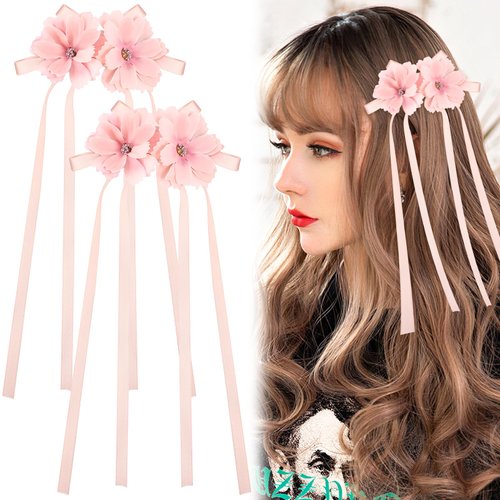 PLwelth 2Pcs Flower Hair Bow Clips for Women Girls Toddlers Cute Bow Ribbon Hair Barrettes Floral Tassel Bows Hairpins with Long Tail Pink Hair Accessories Ponytail Holder for Party Decoration