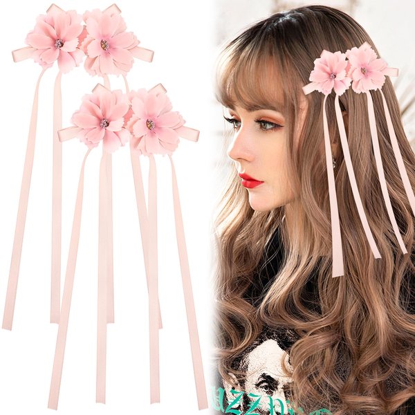 PLwelth 2Pcs Flower Hair Bow Clips for Women Girls Toddlers Cute Bow Ribbon Hair Barrettes Floral Tassel Bows Hairpins with Long Tail Pink Hair Accessories Ponytail Holder for Party Decoration