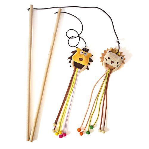 IUHKBH Interactive Cat Toy, 2 Pcs Cat Wand Toys Natural Wooden Cat Teaser Wand with Cute Animal Cat Sticks for Cat and Kitten