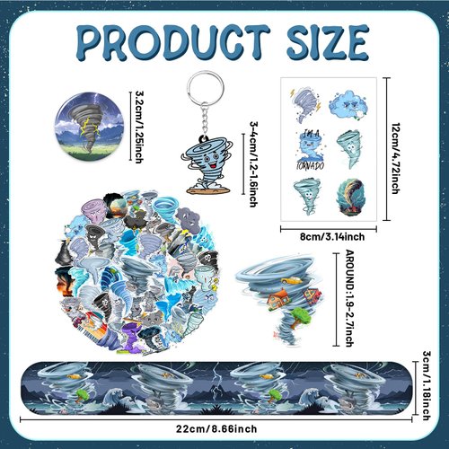 98 PCS Tornado Party Favors, Tornado Temporary Tattoos Slap Bracelets Keychains Stickers Badges for Tornado Birthday Party Decorations Supplies Gifts for Kids Teens Boys Girls Classroom Rewards