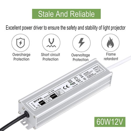 LED Driver 60 Watts Waterproof IP67 Power Supply Transformer Adapter 100V-265V AC to 12V DC Low Voltage Output with 3-Prong Plug 3.3 Feet Cable for LED Light, Computer Project, Outdoor Light