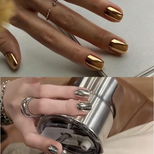 Gold Chrome Press on Nails Short Square,24Pcs Mirror Metal Fake Acrylic Nails with Bling Design,Stick on Nails for Daily Party Wear,Full Cover False Nails Manicure Decoration for Women