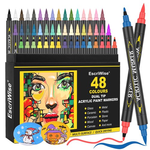 EscriWise 48 Colors Dual Tip Acrylic Paint Pens Set-Permanent Acrylic Paint Markers with Brush and Fine Tip, Water Based Art Paint Pens for Rock Painting Canvas Wood Fabric Glass DIY Craft